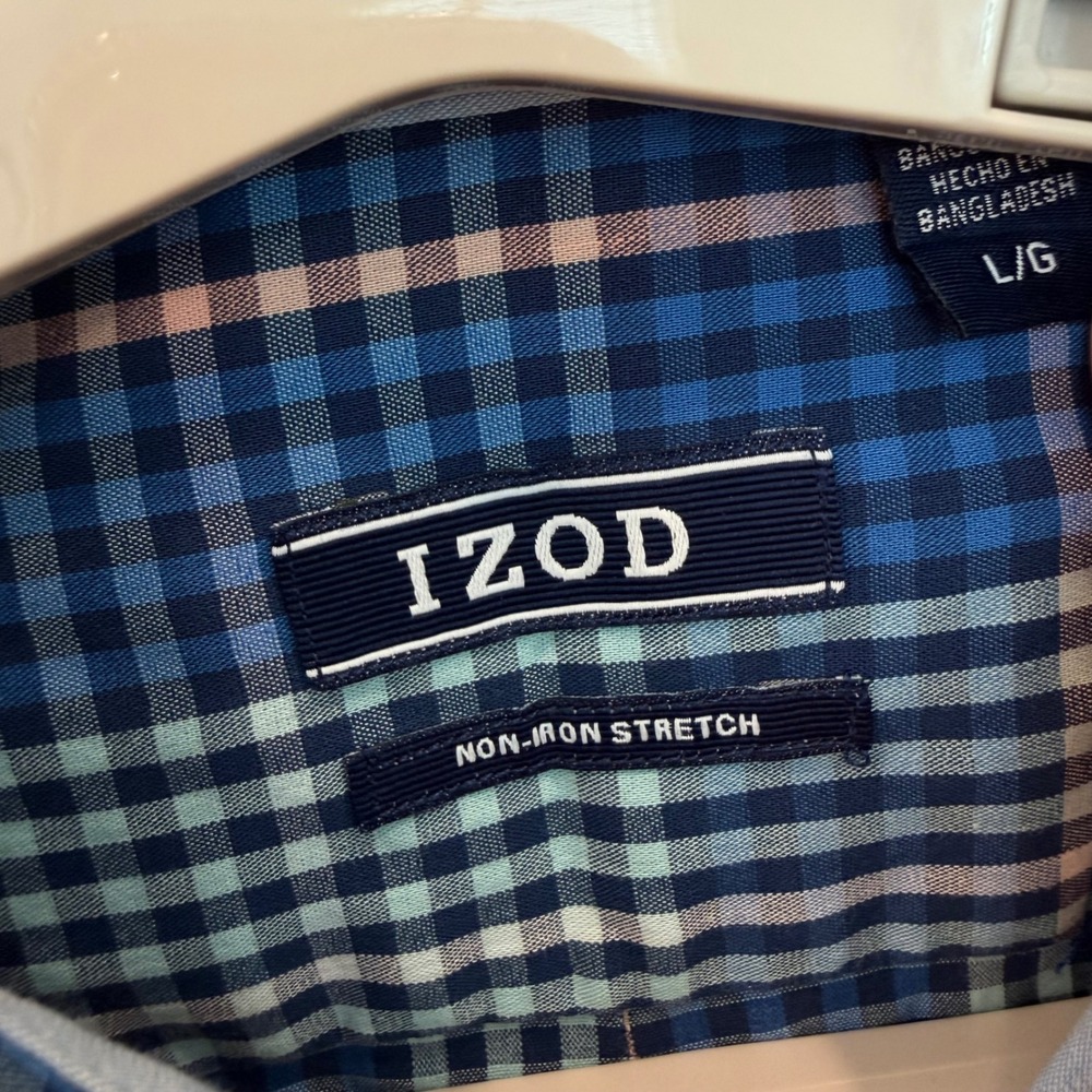 IZOD Mens Blue Green Plaid Non-Iron Stretch Long Sleeve Button Down Shirt Large - Picture 3 of 8